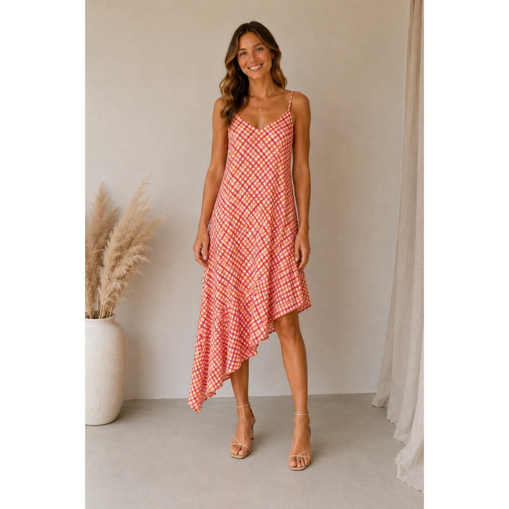 Tommy Bahama Womens Pink Orange Gingham Asymmetrical Ruffle Midi Dress Size L